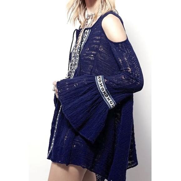 Free People Love Flowers Tunic Dress Small Asymmetrical Boho Lagenlook Crochet - Picture 1 of 15